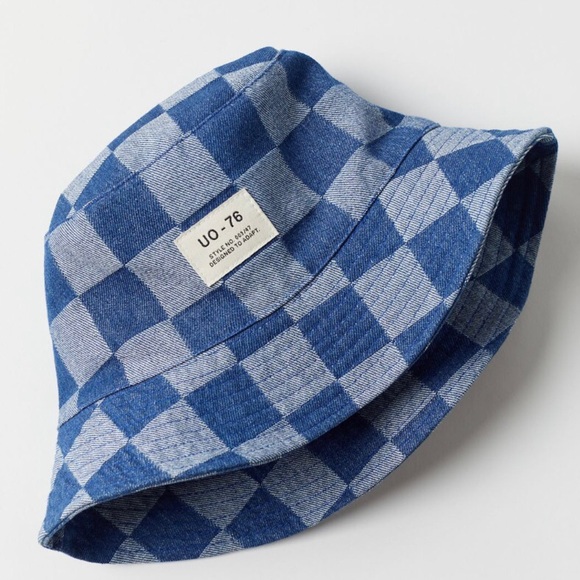 Urban Outfitters Checkered Bucket Hat Cotton Canvas 25th UO-76 Label Blue NEW - Picture 4 of 5